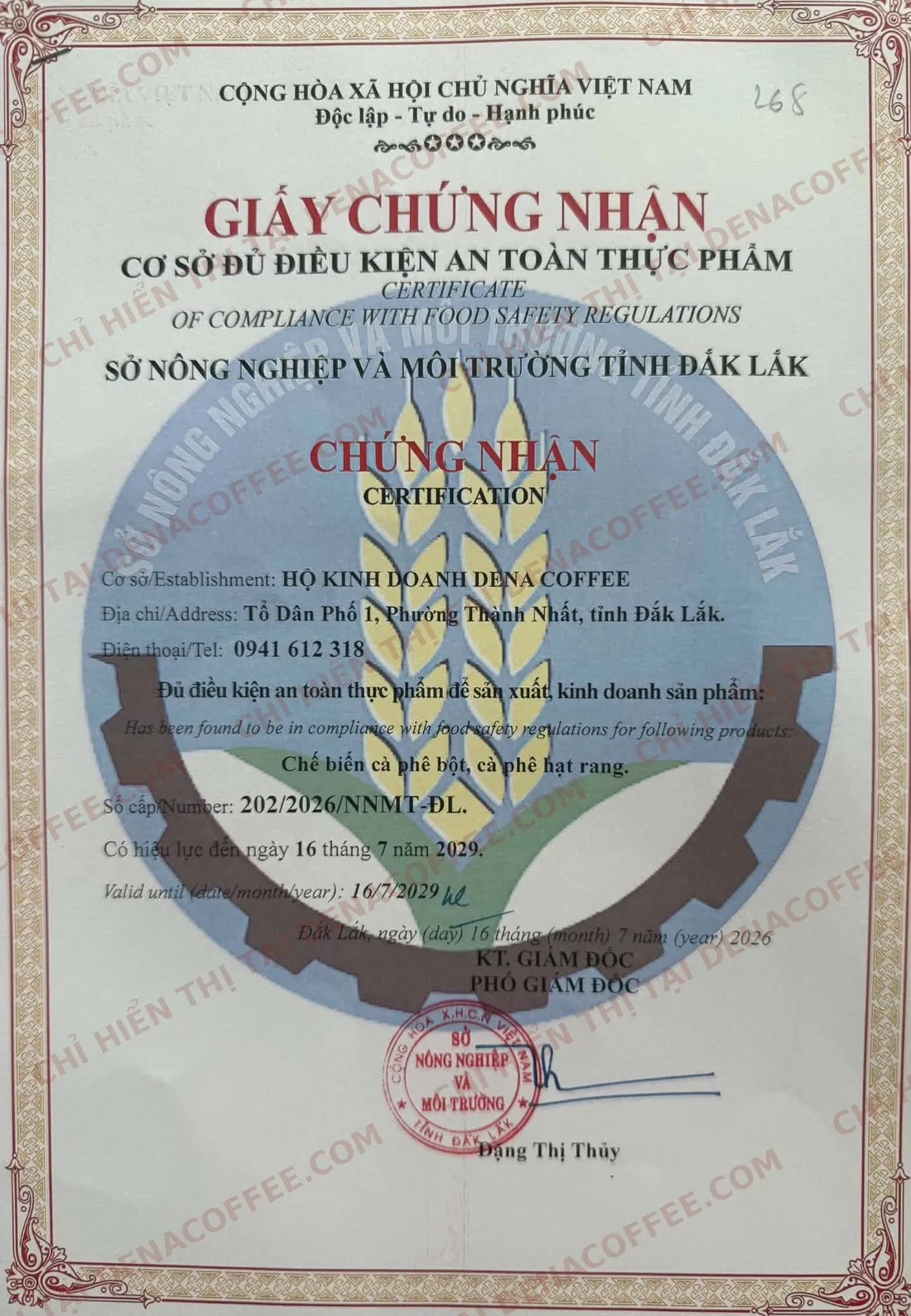 Giấy chứng nhận cơ sở đủ điều kiện an toàn thực phẩm – Hộ kinh doanh Dena Coffee