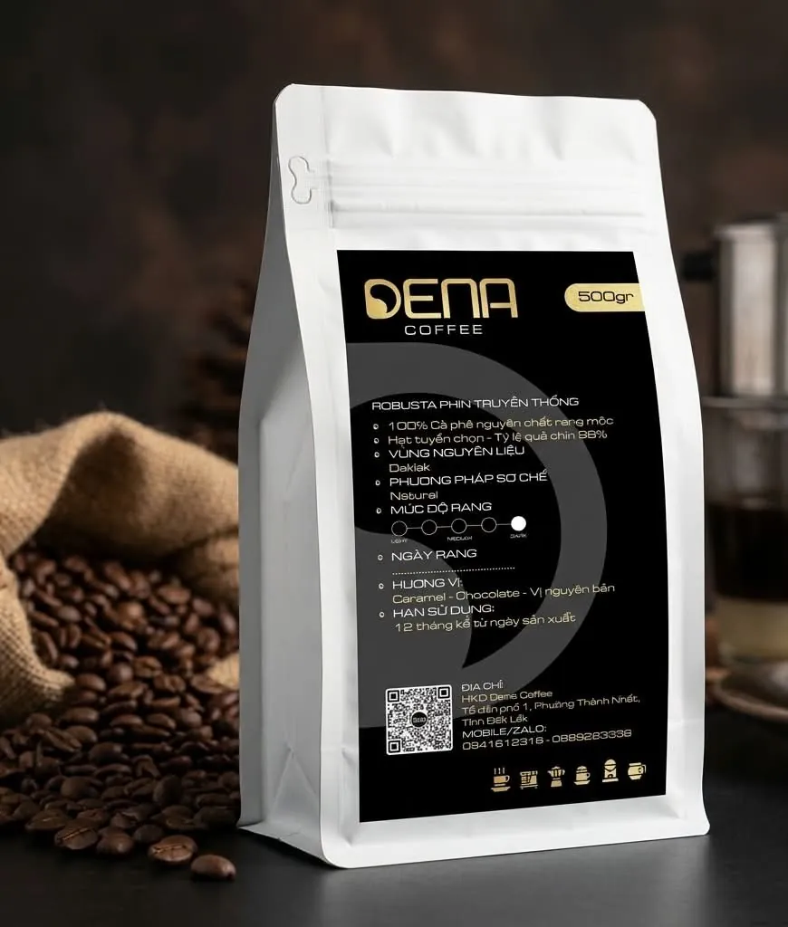 Túi Dena 500gr cạnh bao cà phê nhân và phin